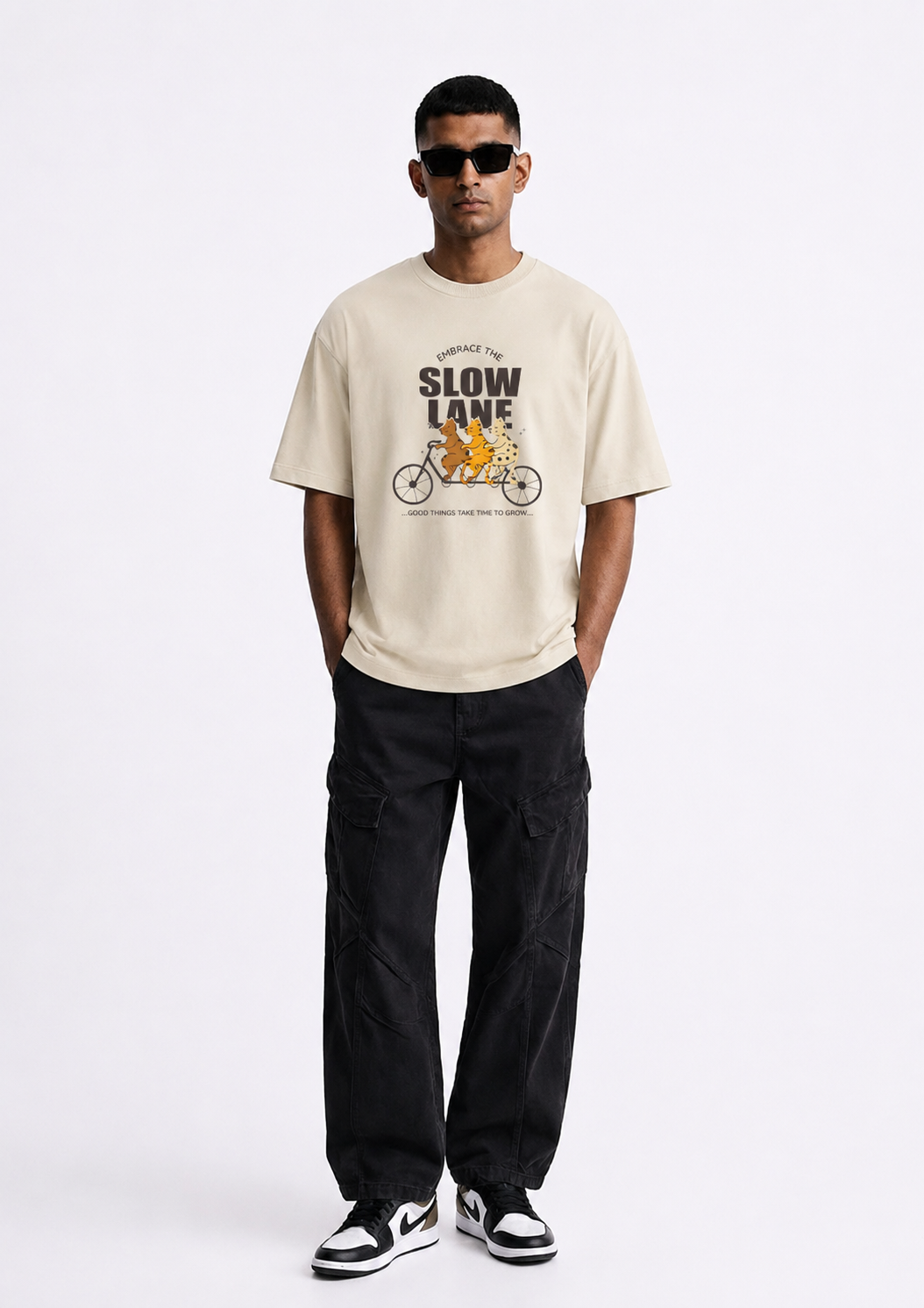 Beige Cycling Graphic Oversized Tee for Men