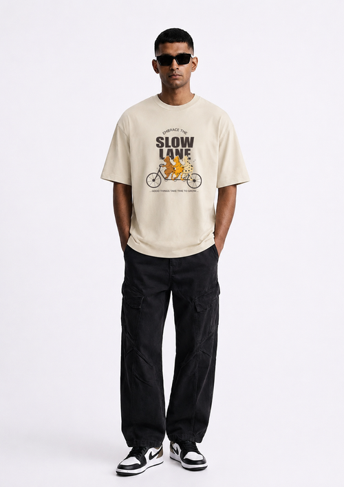 Beige Cycling Graphic Oversized Tee for Men