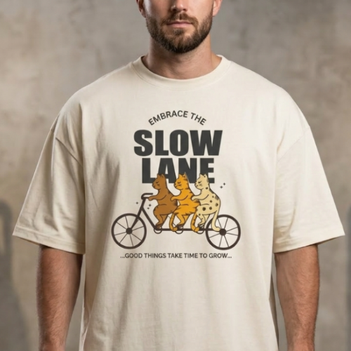 Beige Oversized T-Shirt with Cycling Graphic Print