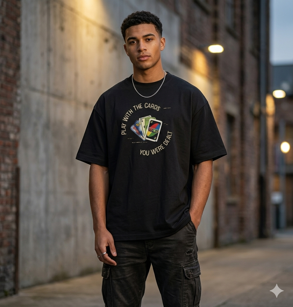 Men’s Black Oversized Graphic Tee – Play Your Cards